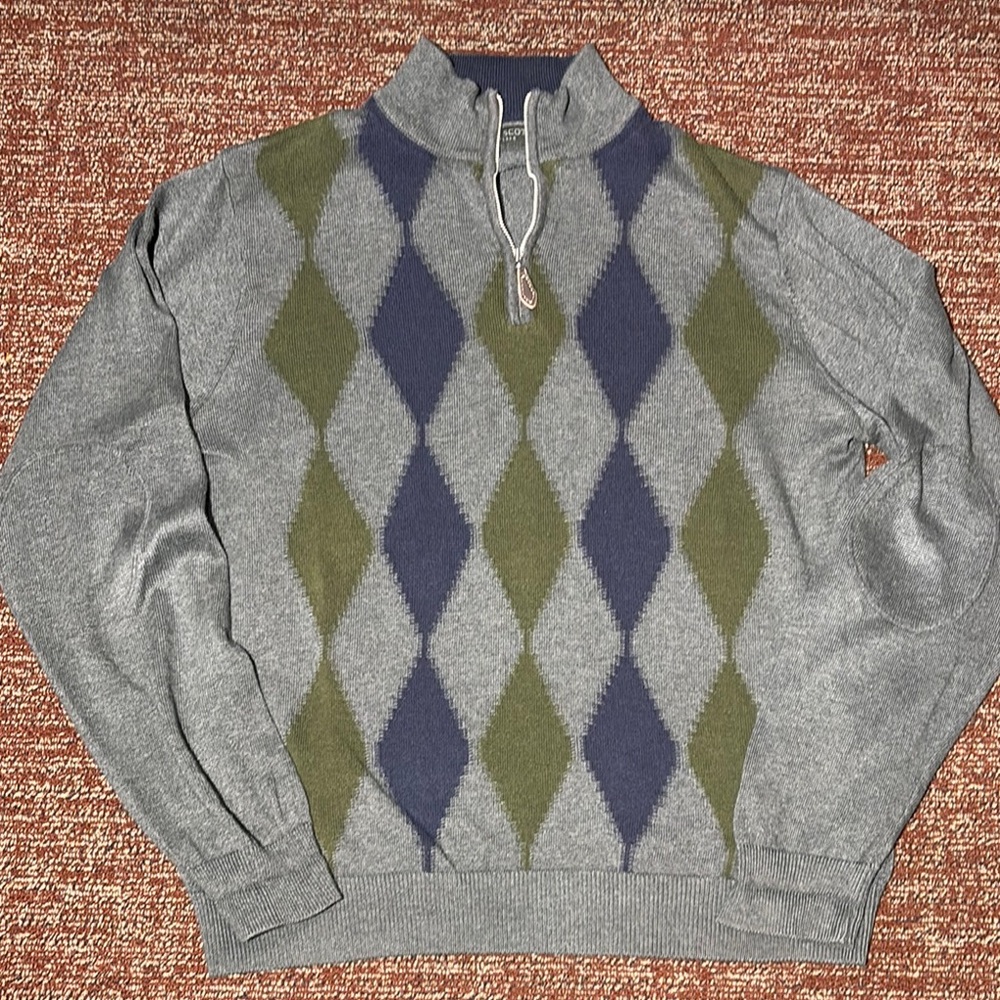 Quarter zip Argyle Turtleneck Sweater long sleeve preppy cotton golf sweater M